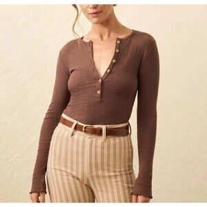 Faherty Women's Size L Brown Paradise Pointelle Henley T-Shirt Cozy Chic NWOT